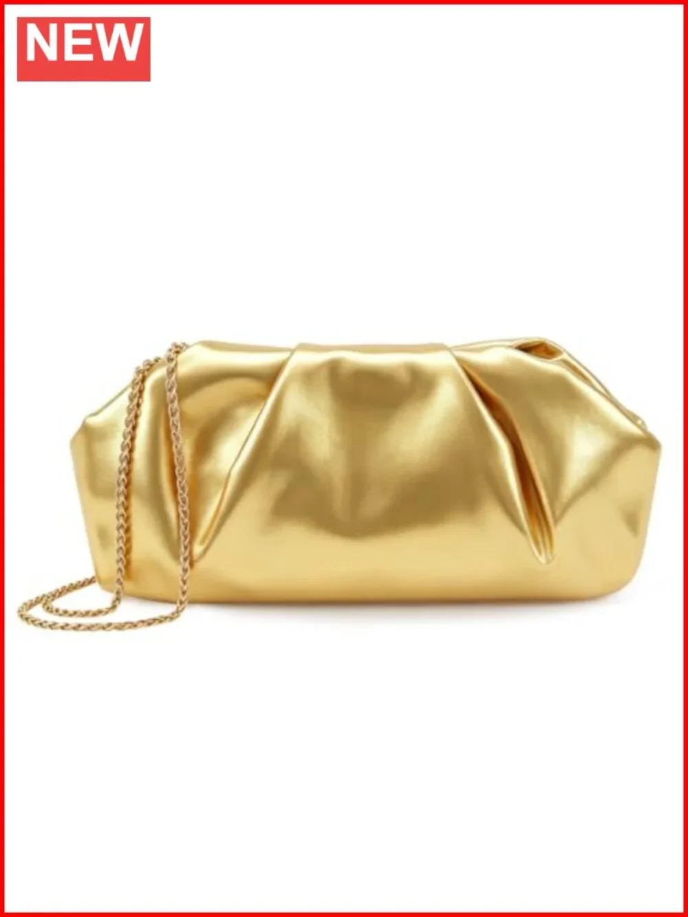 Gold Evening Clutch Purse with Detachable Chain - Faux Leather Pleated
